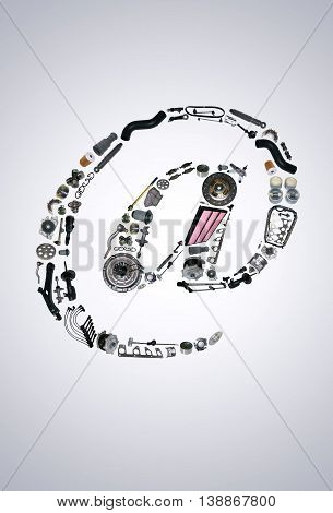 Dogbody or email icone with auto parts for car. Spare parts for car for shop, aftermarket OEM. Many auto parts isolated in email icone