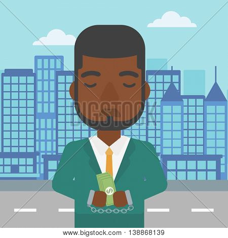 An african-american young businessman in handcuffs with money in hands on the background of modern city. Businessman handcuffed for crime. Vector flat design illustration. Square layout.