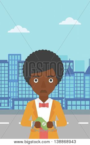 An african-american young business woman in handcuffs with money in hands on the background of modern city. Business woman handcuffed for crime. Vector flat design illustration. Vertical layout.