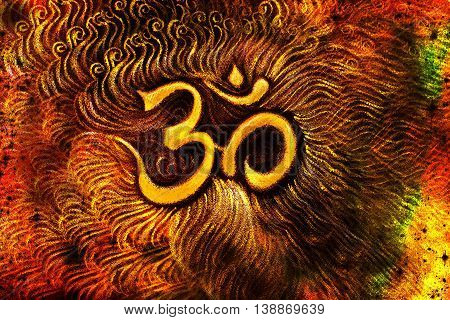 golden om symbol emanating light, illustration on abstract background.