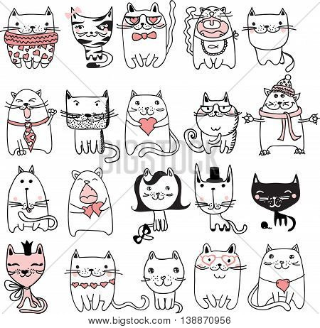 Set of 20 Vector doodle cute cats avatars