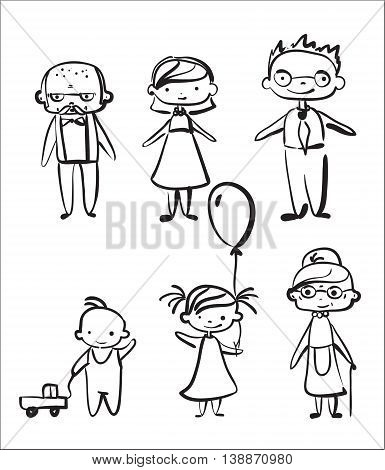 Vector cute children's doodle of happy family.