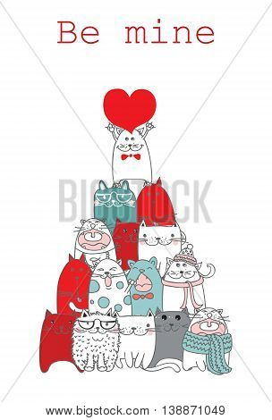 HAPPY VALENTINE'S DAY hand drawing card with cute doodle cats