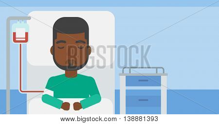 An african-american man lying in bed at hospital ward with equipment for blood transfusion. Vector flat design illustration. Horizontal layout.