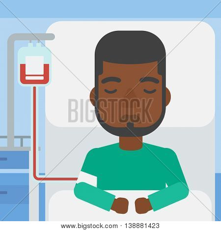 An african-american man lying in bed at hospital ward with equipment for blood transfusion. Vector flat design illustration. Square layout.