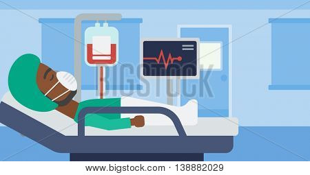 An african-american man in oxygen mask lying in hospital ward with heart rate monitor and equipment for blood transfusion. Vector flat design illustration. Horizontal layout.