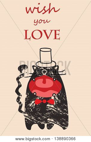 Vector greeting Card with cute Valentine cat.