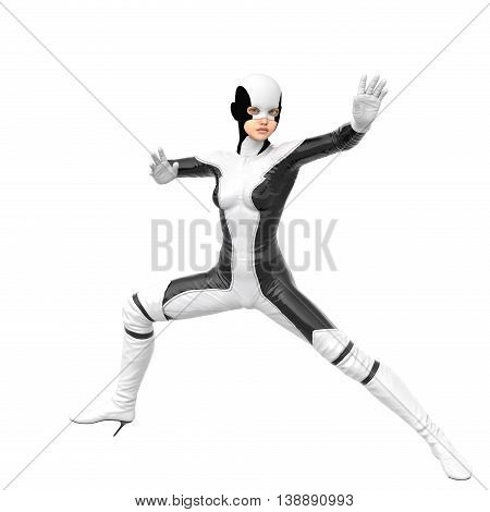 one teenage girl in a white dark super suit. Stands in a fighting pose. Widely spaced legs. 3D rendering, 3D illustration