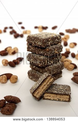 Crispy chocolate cubes isolated on a white background