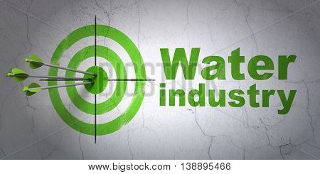 Success Manufacuring concept: arrows hitting the center of target, Green Water Industry on wall background, 3D rendering
