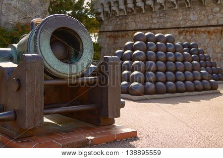 Pyramids of Cannonballs and Cannon near Prince Palace in Monaco.