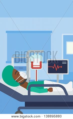 An african-american man in oxygen mask lying in hospital ward with heart rate monitor and equipment for blood transfusion. Vector flat design illustration. Vertical layout.