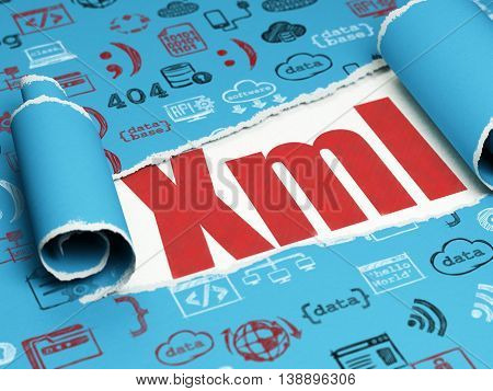 Programming concept: red text Xml under the curled piece of Blue torn paper with  Hand Drawn Programming Icons, 3D rendering