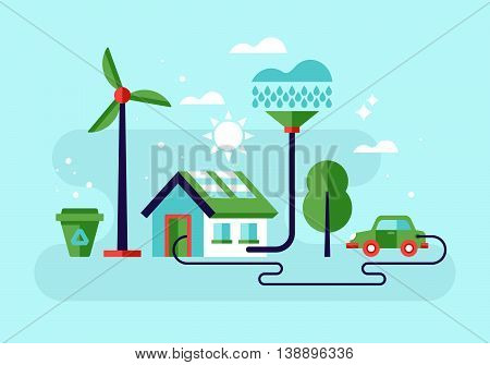 Ecology concept with eco friendy house and green energy. Modern stylish flat vector illustration