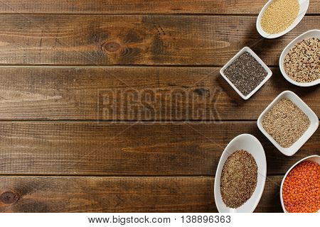 super food in bowls on wood Background