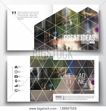 Set of annual report business templates for brochure, magazine, flyer or booklet. Polygonal background, blurred image, urban landscape, street in Montmartre, Paris cityscape, triangular vector texture