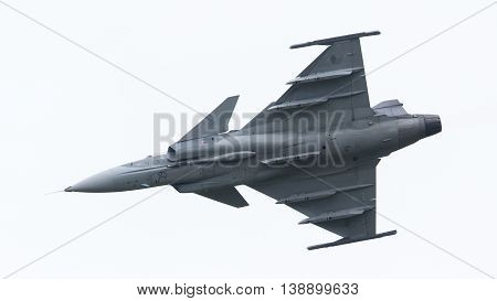 Leeuwarden, The Netherlands-june 10: Modern Tactical Fighter Jet Jas-39 Gripen Performs At The Dutch