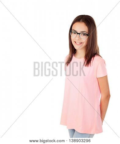 Pretty preteenager girl with glasses isolated on a white background