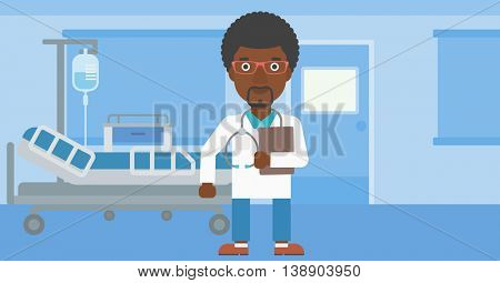 An african-american friendly doctor with stetoscope standing in hospital ward and carrying folder of patient or medical information. Vector flat design illustration. Horizontal layout.