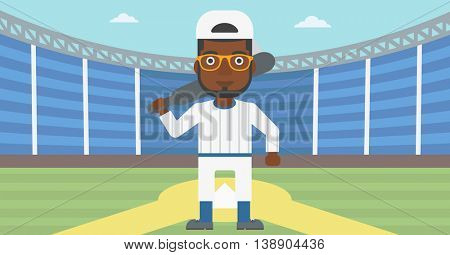 An african-american baseball player with the beard standing on a baseball stadium. Professional baseball player with a bat on his shoulder. Vector flat design illustration. Horizontal layout.