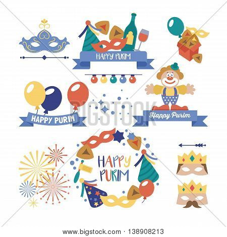 Purim holiday logo design with flat elements. Vector illustration
