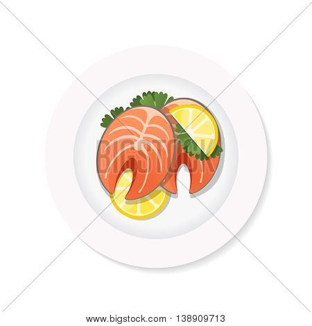 salmon steak with lemon on a white plate. Top view stock vector dish on white background