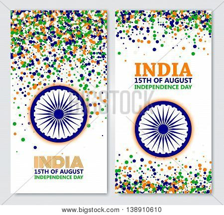 India Independence Day set of vertical banners in traditional colors - saffron green navy blue.