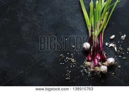 purple spring onions on dark table background