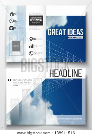 Set of business templates for brochure, magazine, flyer, booklet or annual report. Beautiful blue sky, abstract geometric background with white clouds, leaflet cover, business layout, vector.