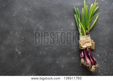 purple spring onions on dark table background