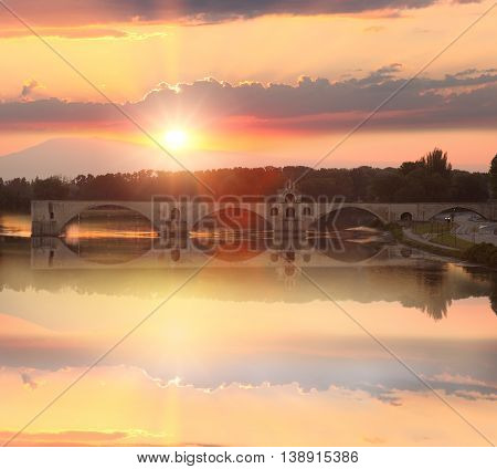 Avignon Bridge With Rhone River At Sunset, Pont Saint-benezet, Provence, France