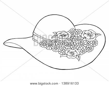 Hat flowers graphic art black white isolated illustration vector