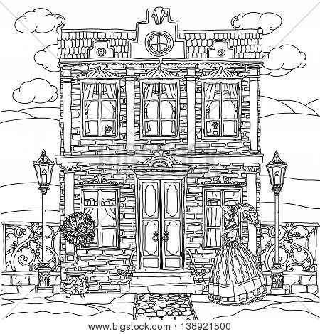 Contoured Black and white victorian house with a strolling woman in crinoline with vintage umbrella. for adult coloring book or for zen art therapy drawing. Hand-drawn, vector, for coloring, posters