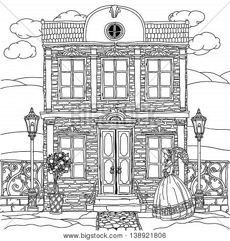 Contoured Black and white victorian house with a strolling woman in crinoline with vintage umbrella. for adult coloring book or for zen art therapy drawing. Hand-drawn, vector, for coloring, posters
