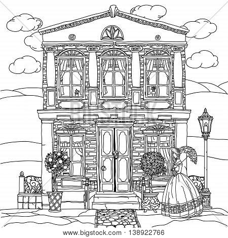 Contoured Black and white victorian house with a strolling woman in crinoline with vintage umbrella. for adult coloring book or for zen art therapy drawing. Hand-drawn, vector, for coloring, posters