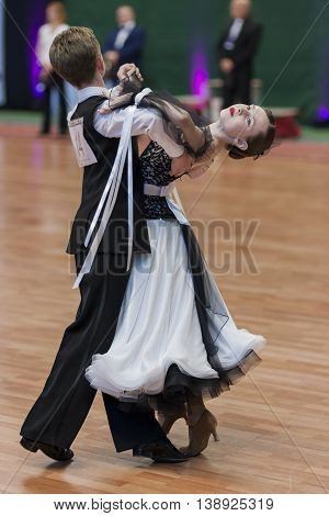 Minsk Belarus -May 28 2016: Milehin Matvey and Dyavgo Dariya Perform Juvenile-1 Standard European Program on National Championship of the Republic of Belarus in May 28 2016 in Minsk Republic of Belarus