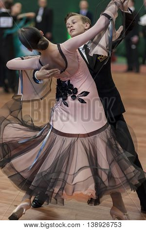 Minsk Belarus -May 28 2016: Lukashov Nikita and Kruisberg Sandrina Perform Juvenile-1 Standard European Program on National Championship of the Republic of Belarus in May 28 2016 in Minsk Republic of Belarus
