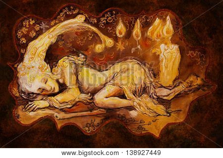 collorful illustration of gentle little elf creature sleeping by candlelight.