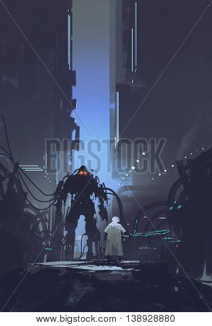 scientist build robot in old factory background, illustration painting