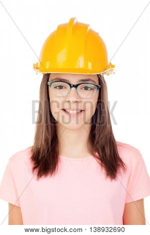 Preteen with construction helmet isolated on white background