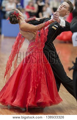 Minsk Belarus -May 28 2016: Egorov Vladislav and Chaplinskaya Tatiana Performs Juvenile-1 Standard European Program on National Championship of the Republic of Belarus in May 28 2016 in Minsk Republic of Belarus