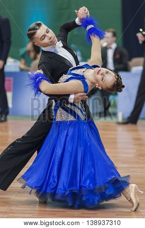 Minsk Belarus -May 28 2016: Daniil Shmidt and Alina Gumenyuk Perform Youth-2 Standard Program on National Championship of the Republic of Belarus in May 28 2016 in Minsk Republic of Belarus
