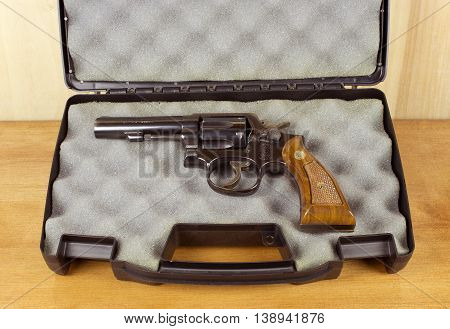 RIVER FALLS,WISCONSIN-JULY 18,2016: A vintage Smith and Wesson thirty eight caliber revolver in a padded case.