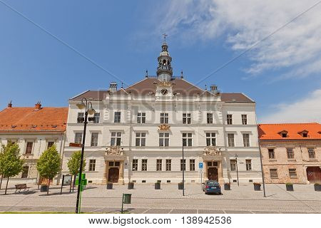 VALTICE CZECH REPUBLIC - MAY 29 2016: Neorenaissance City Hall (circa 1887) on Liberty Square in Valtice Czech Republic. Architect Josef Drexler
