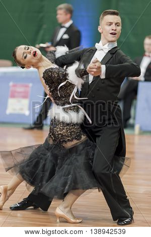 Minsk Belarus -May 28 2016: Yushkevich Aleksei and Apraksina Anastasiya perform Youth-2 Standard Program on National Championship of the Republic of Belarus in May 28 2016 in Minsk Belarus