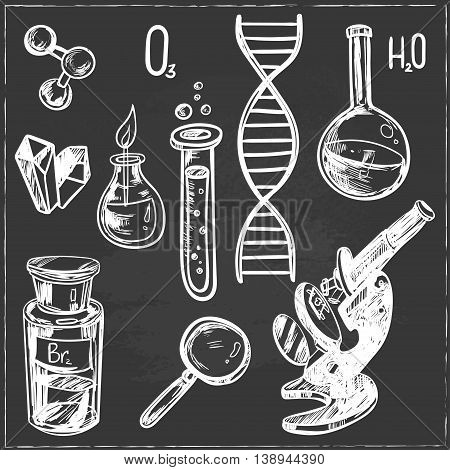 Hand drawn science beautiful vintage lab icons sketch set . Vector illustration. Science lab objects doodle style sketch. Back to school.