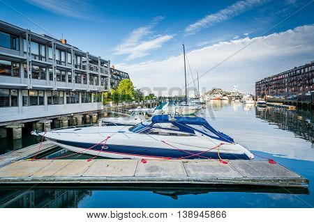 Boats Docked Along The Harborwalk In The North End Of Boston, Massachusetts.