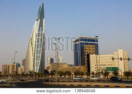 MANAMA, BAHRAIN - MAY 14, 2016: View of the World Trade Center and other high rise buildings in the city.