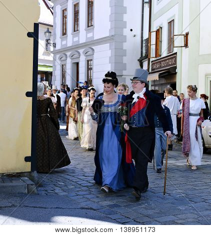 CESKY KRUMLOV, CZECH REPUBLIC - JUNE 18, 2016: Five-petalled Rose Festival on bystreet in Cesky Krumlov