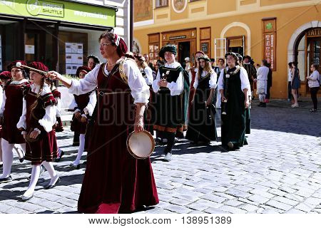 CESKY KRUMLOV, CZECH REPUBLIC - JUNE 18, 2016: Five-petalled Rose Festival on bystreet in Cesky Krumlov